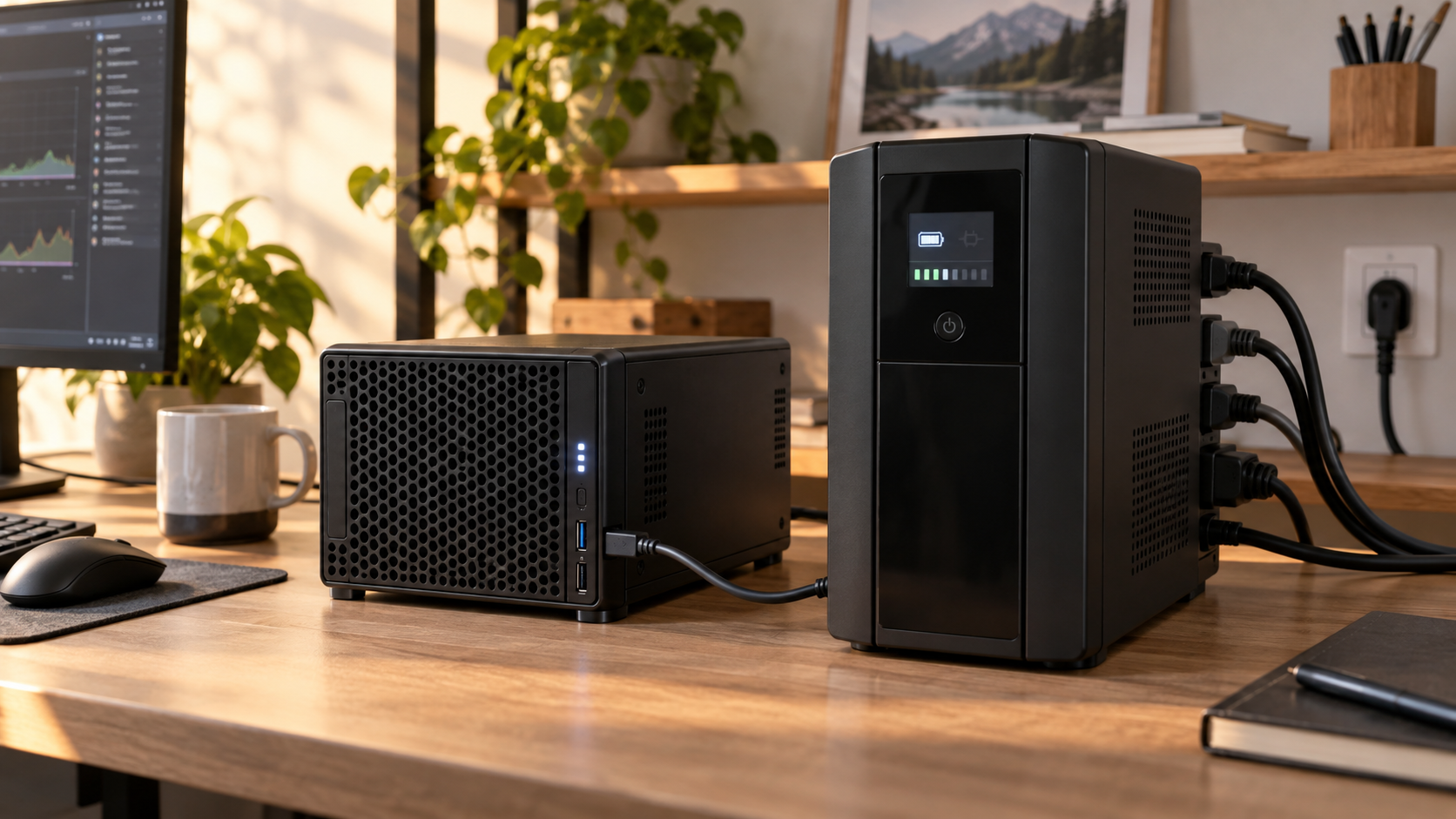 Compact home server connected by a USB cable to an external battery backup unit.