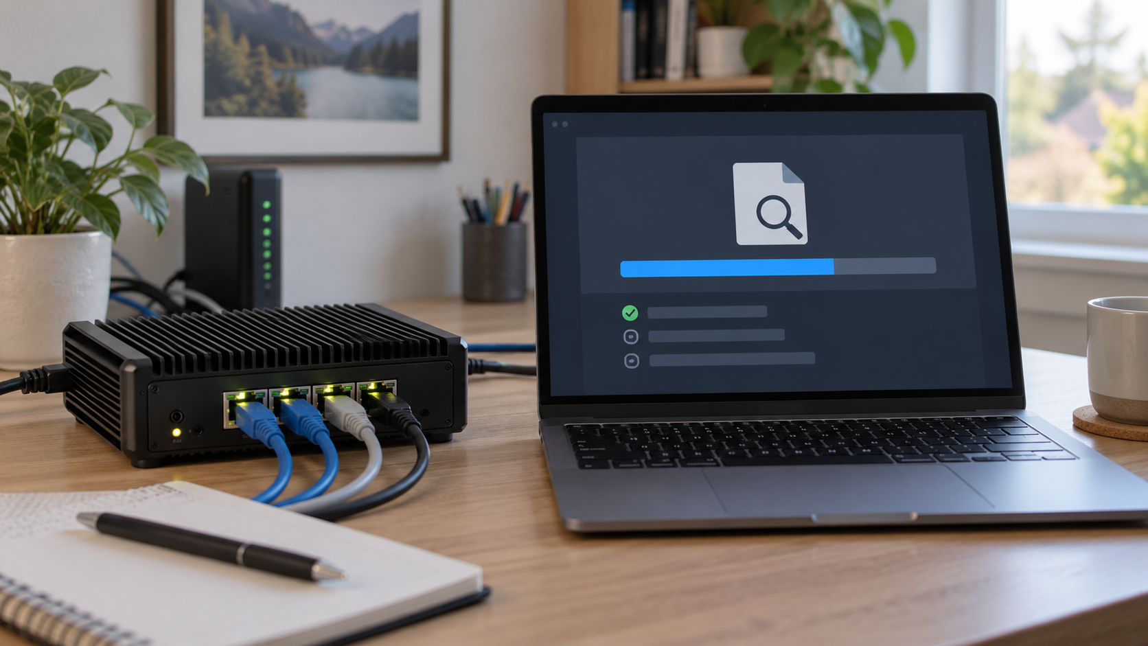 Fanless network appliance with Ethernet cables beside a laptop showing an abstract file scan progress screen.